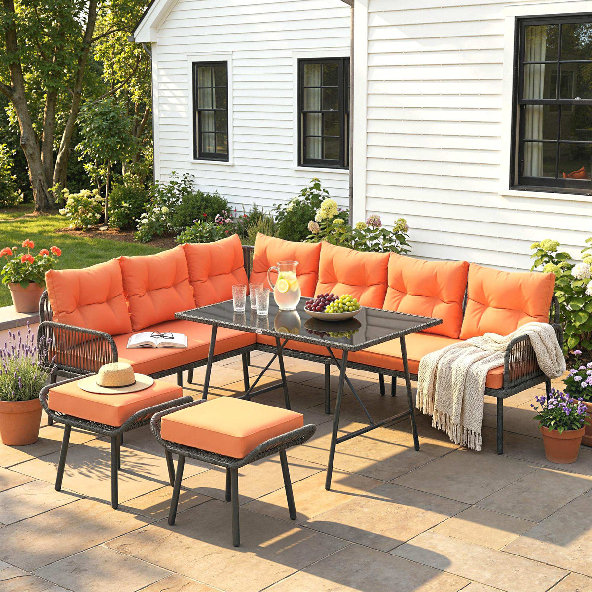 6-Piece 8-Seater Orange Rattan Corner Sofa Set with Cushions & Glass Table