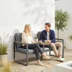 2-Seat Outdoor Garden Bench with Center Table and Thick Cushions, Light Grey