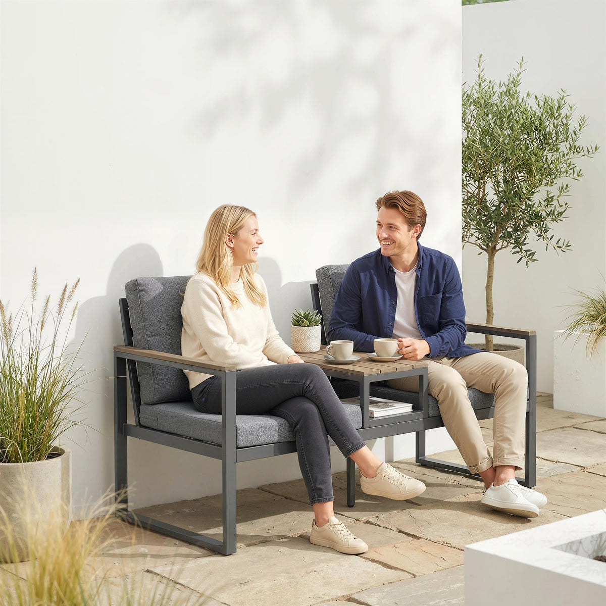 2-Seat Outdoor Garden Bench with Center Table and Thick Cushions, Light Grey