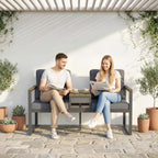 2-Seat Outdoor Garden Bench with Center Table and Thick Cushions, Light Grey
