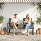 2-Seat Outdoor Garden Bench with Center Table and Thick Cushions, Light Grey
