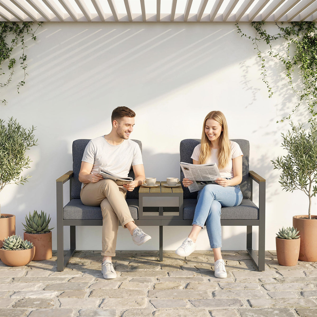 2-Seat Outdoor Garden Bench with Center Table and Thick Cushions, Light Grey