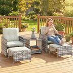5-Piece Rattan Patio Set with Ottomans and 2-Tier Glass Coffee Table, Grey Cream