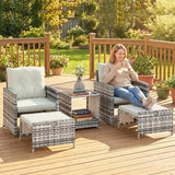 5-Piece Rattan Patio Set with Ottomans and 2-Tier Glass Coffee Table, Grey Cream