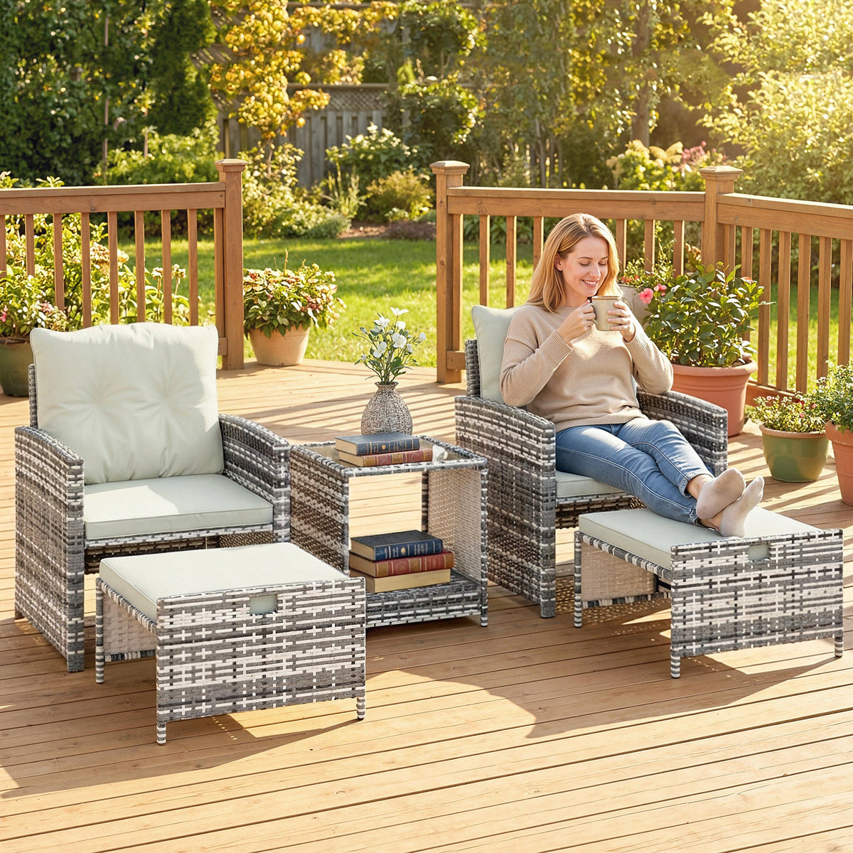 5-Piece Rattan Patio Set with Ottomans and 2-Tier Glass Coffee Table, Grey Cream