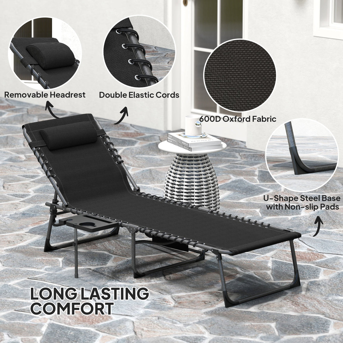 5-Level Adjustable Folding Chaise Lounge Chair with Side Table