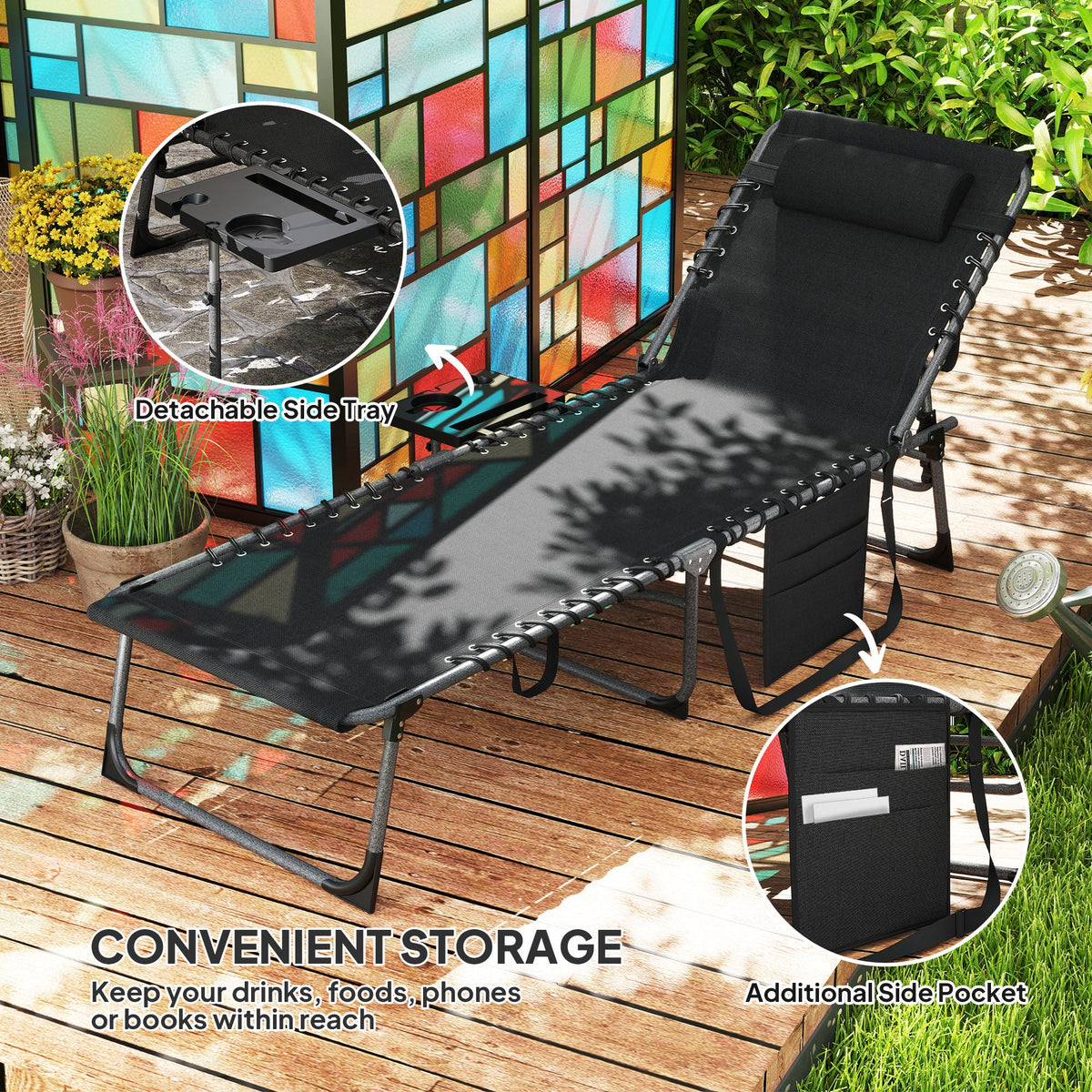 5-Level Adjustable Folding Chaise Lounge Chair with Side Table