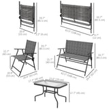 4pc Patio Furniture Set with Foldable Chairs, Loveseat and Glass Table, Mixed Grey
