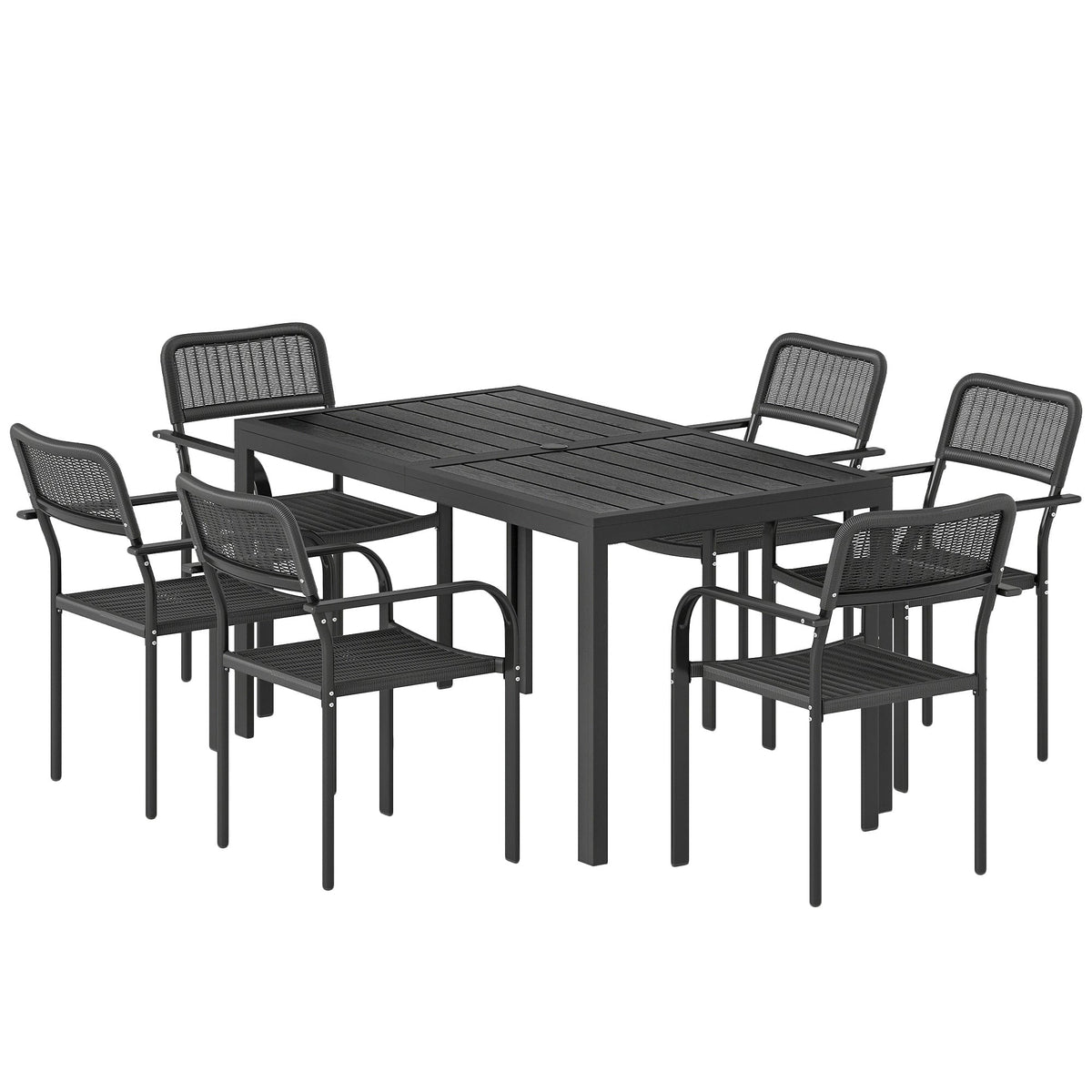 7-Piece Garden Dining Set with 6 Faux Rattan Chairs & Wood-Effect Table, Black
