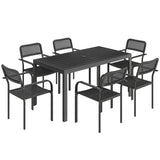 7-Piece Garden Dining Set with 6 Faux Rattan Chairs & Wood-Effect Table, Black