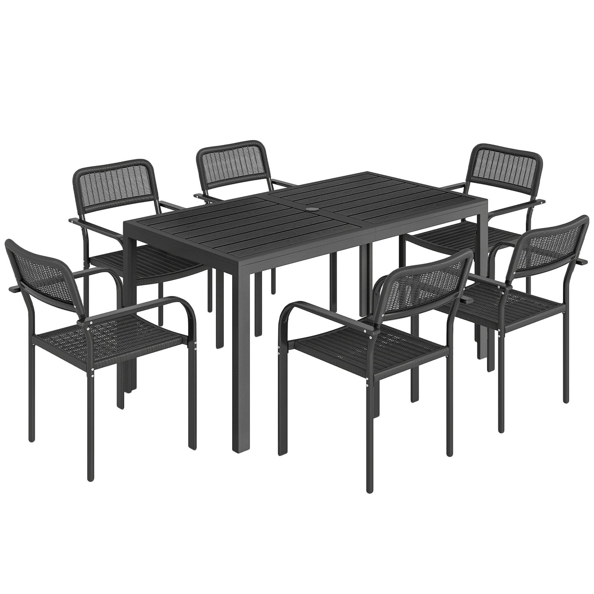 7-Piece Garden Dining Set with 6 Faux Rattan Chairs & Wood-Effect Table, Black