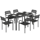 7-Piece Garden Dining Set with 6 Faux Rattan Chairs & Wood-Effect Table, Black
