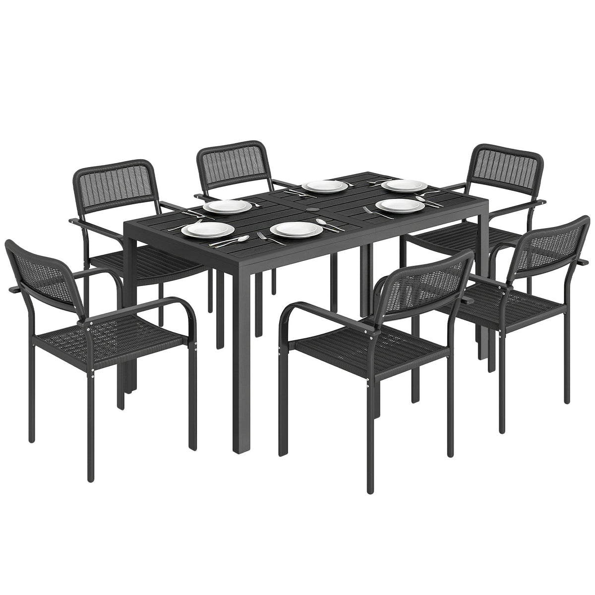 7-Piece Garden Dining Set with 6 Faux Rattan Chairs & Wood-Effect Table, Black