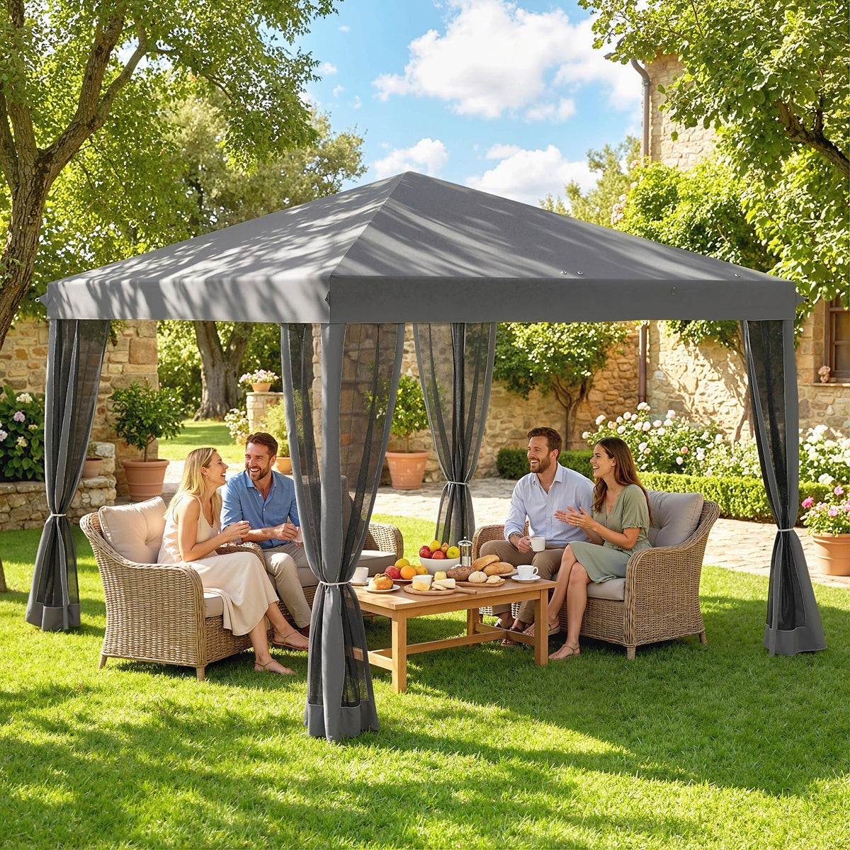 10' x 10' Pop Up Canopy Tent with Mesh Sidewalls and Carry Bag, Light Grey
