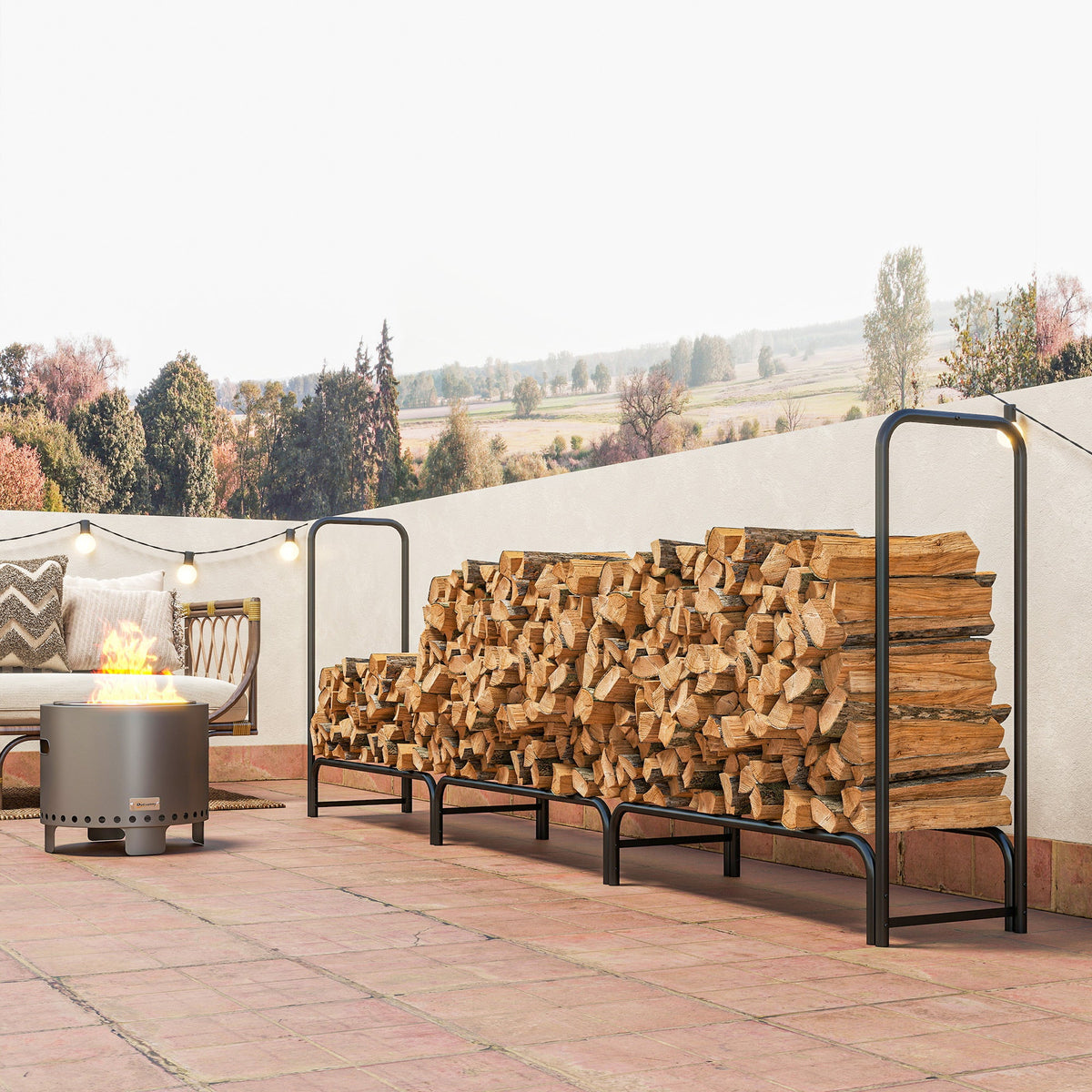 10 ft Heavy Duty Firewood Rack with Waterproof Cover & Steel Chains, Dark Green