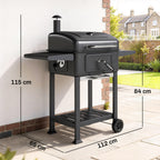 Charcoal BBQ Grill with Adjustable Pan, Side Tables and Chimney, Black