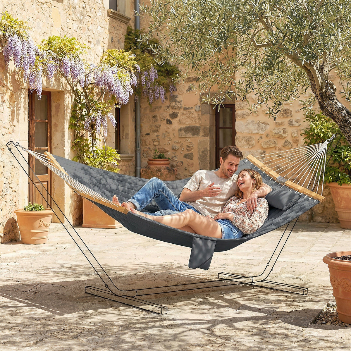 128" x 55" 2-Person Hammock with Pillow, 440 lbs Capacity, Gray