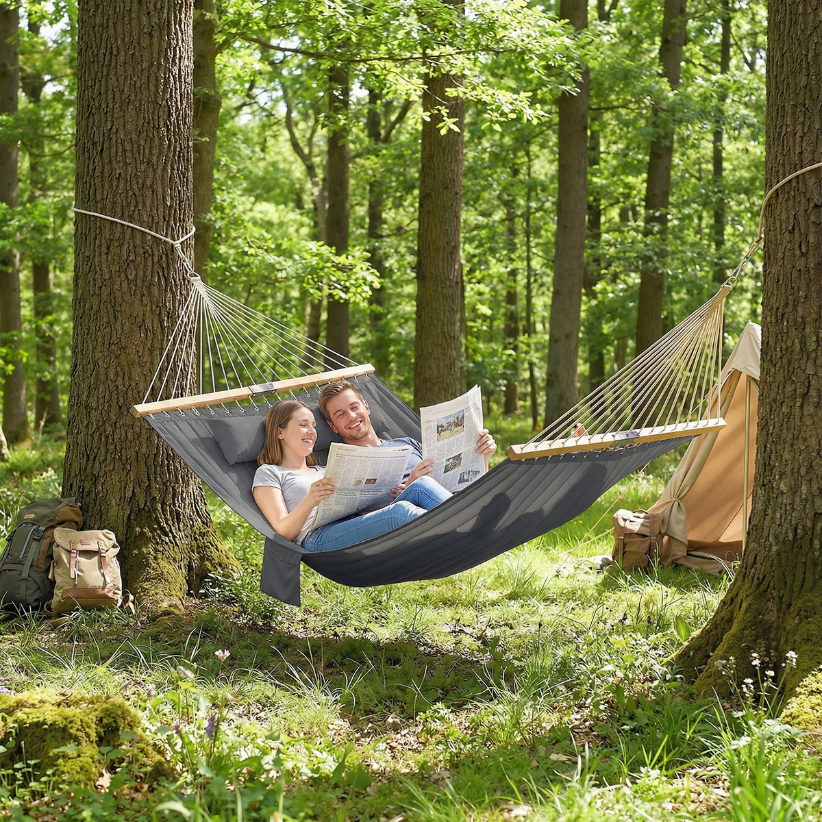 128" x 55" 2-Person Hammock with Pillow, 440 lbs Capacity, Gray