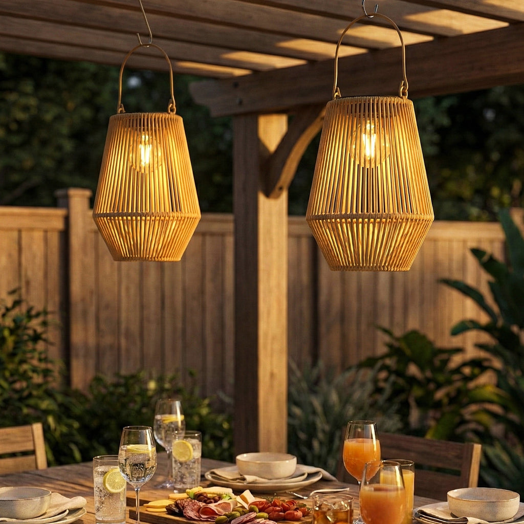 2 Pack Hanging Solar Rattan Lanterns with Auto On/Off, Brown