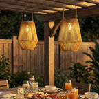 2 Pack Hanging Solar Rattan Lanterns with Auto On/Off, Brown