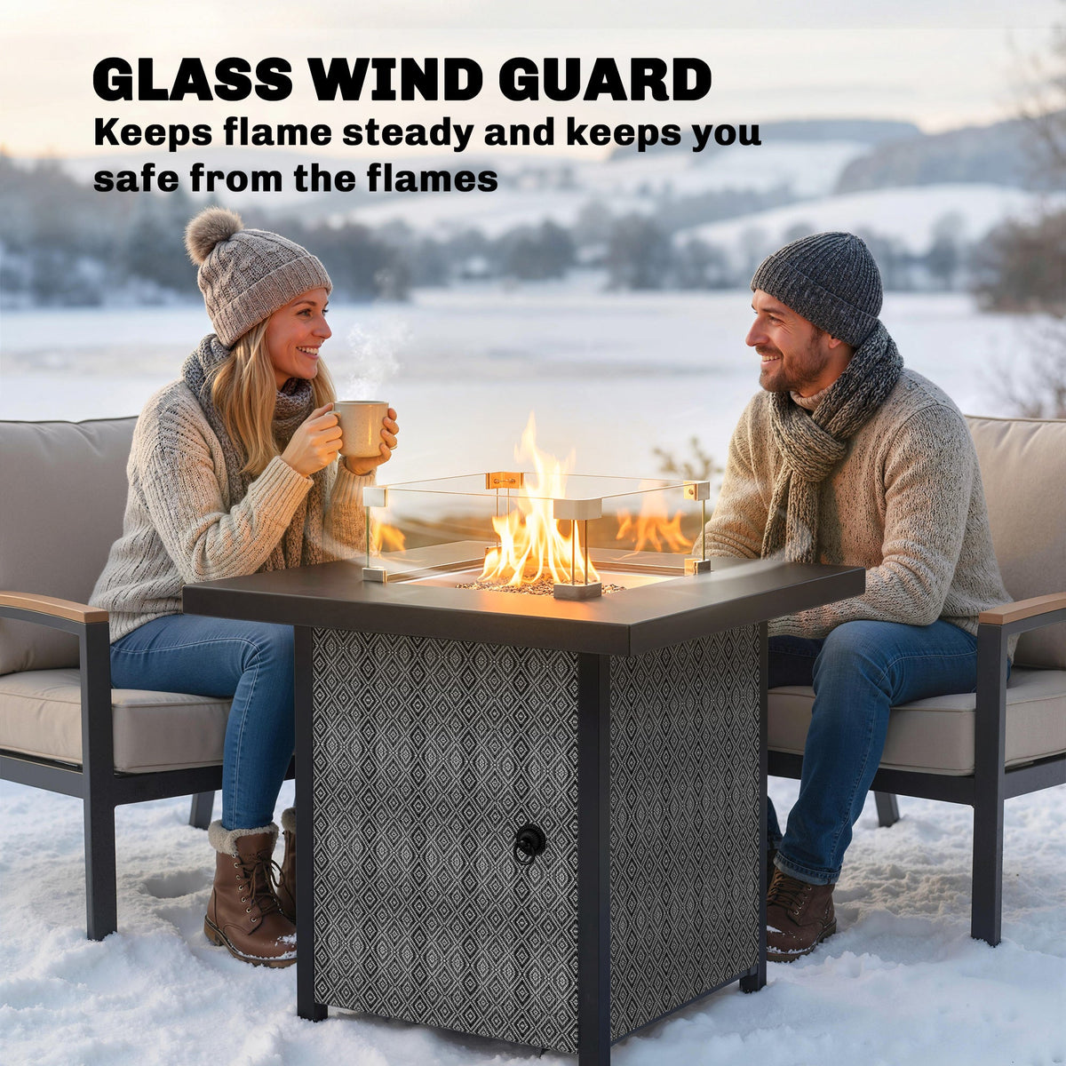 11.7 KW Propane Gas Fire Pit Table with Wind Guard and Lid, Black