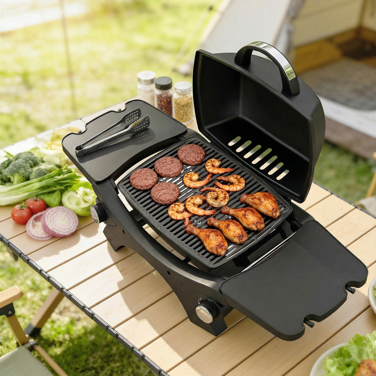 2 Burner Gas Grill with 2 Side Tables and Cast Iron Grates, Black