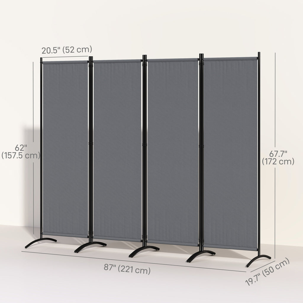 4 Panel Folding Room Divider with Wide Feet, Dark Grey