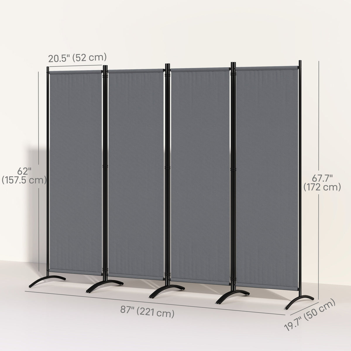 4 Panel Folding Room Divider with Wide Feet, Dark Grey