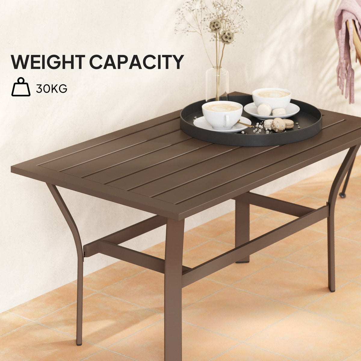 Outdoor Metal Coffee Table with Slatted Top, Brown