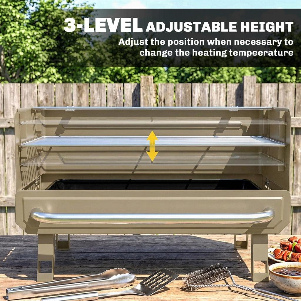 Portable Charcoal BBQ Grill with Adjustable Grates and Side Shelf, Khaki