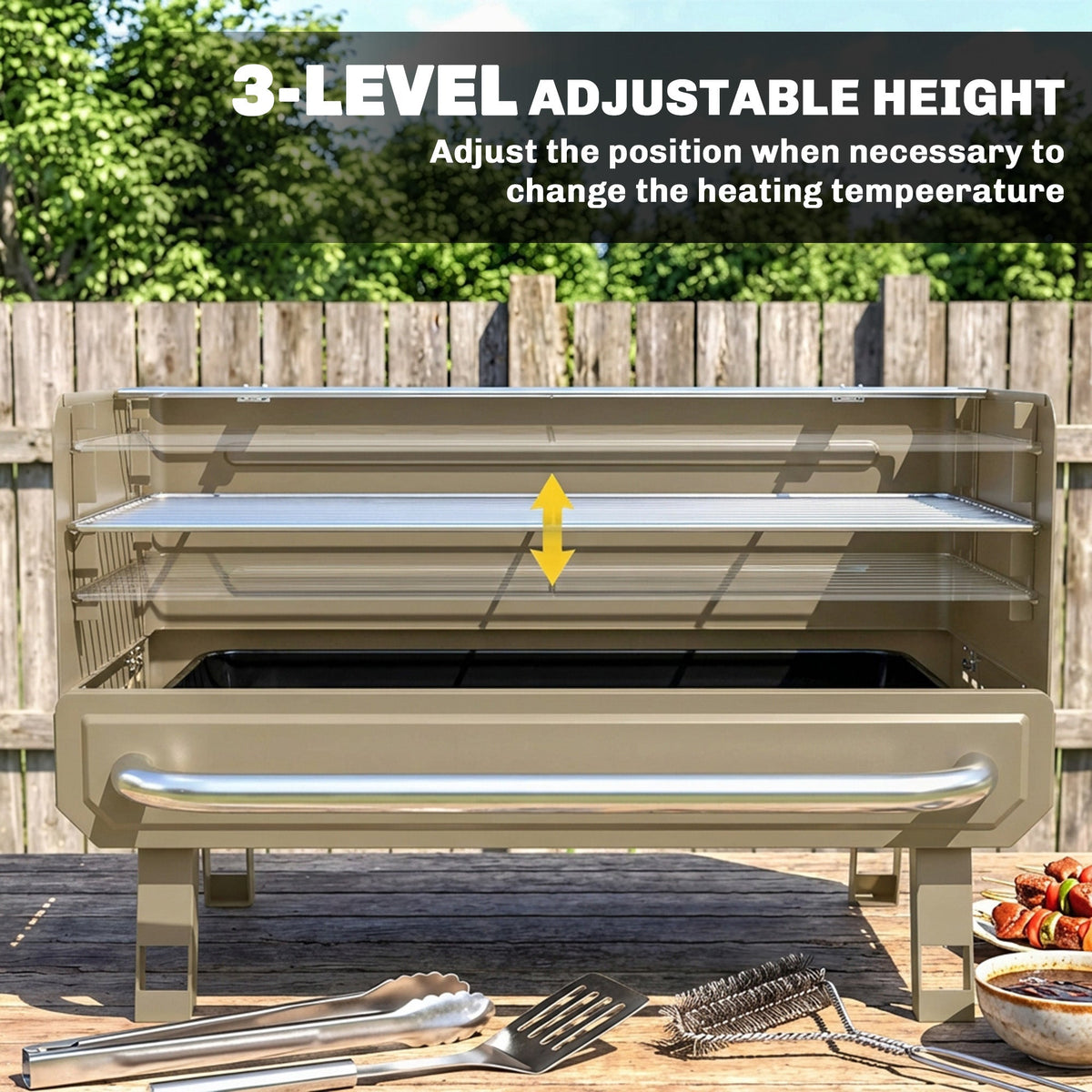 Portable Charcoal BBQ Grill with Adjustable Grates and Side Shelf, Khaki