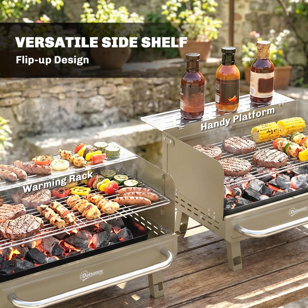 Portable Charcoal BBQ Grill with Adjustable Grates and Side Shelf, Khaki