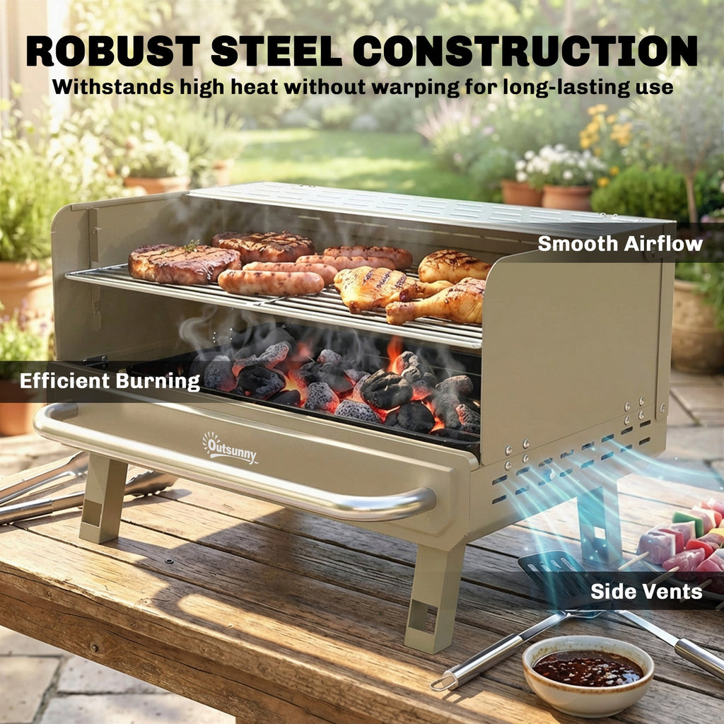 Portable Charcoal BBQ Grill with Adjustable Grates and Side Shelf, Khaki