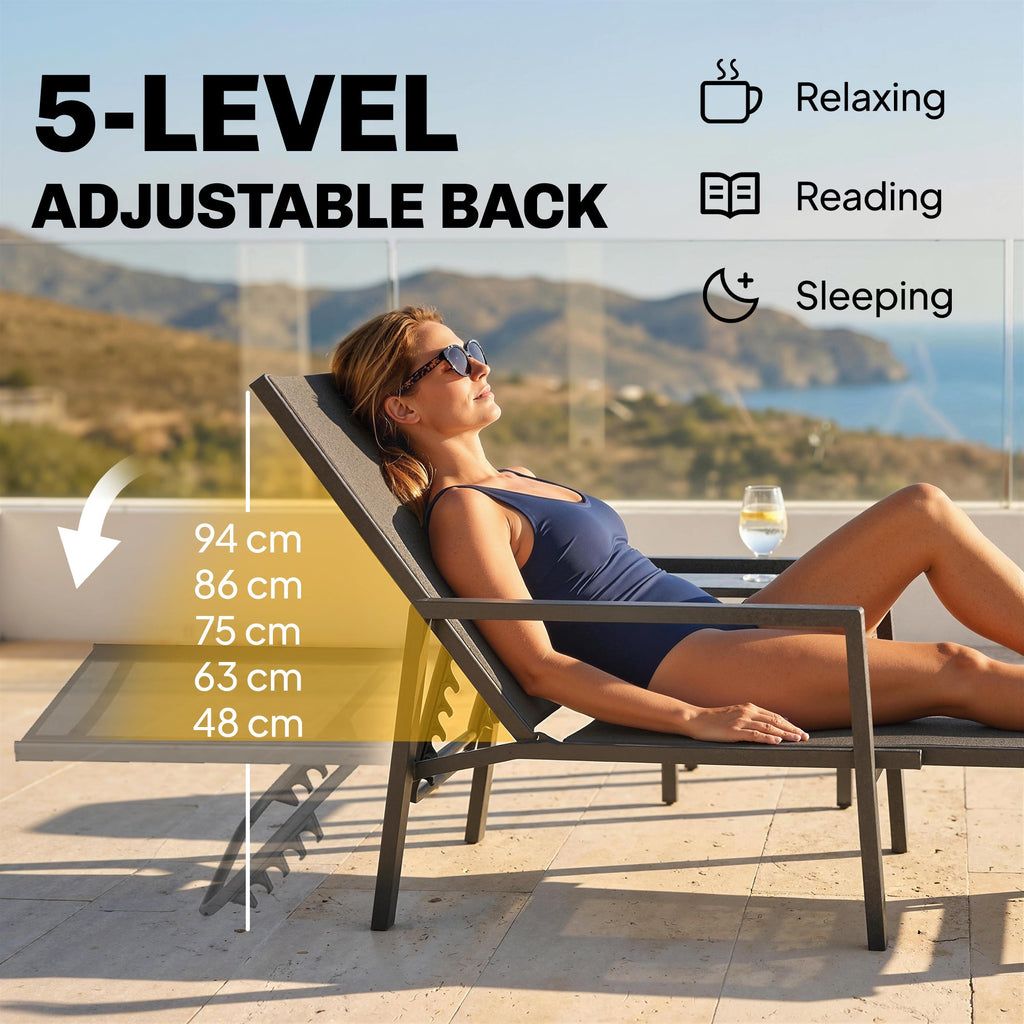 Set of 2 Adjustable Sun Loungers with Retractable Footrest, Steel Frame, Black