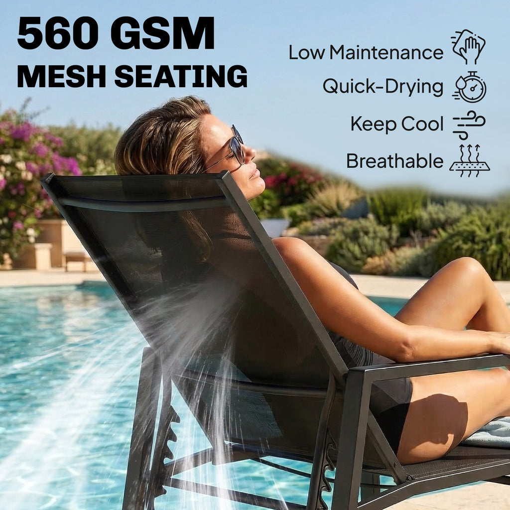 Set of 2 Adjustable Sun Loungers with Retractable Footrest, Steel Frame, Black