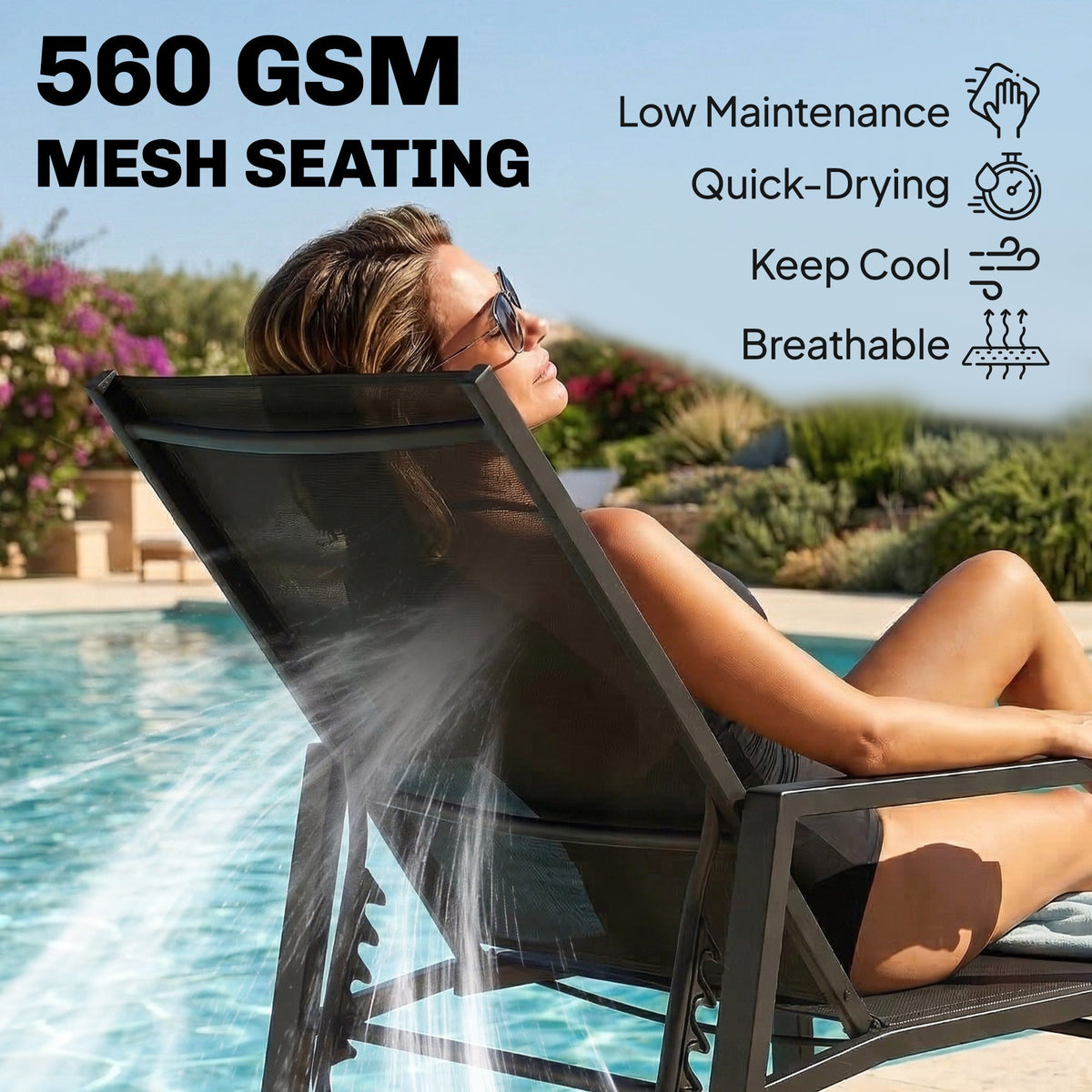 Set of 2 Adjustable Sun Loungers with Retractable Footrest, Steel Frame, Black