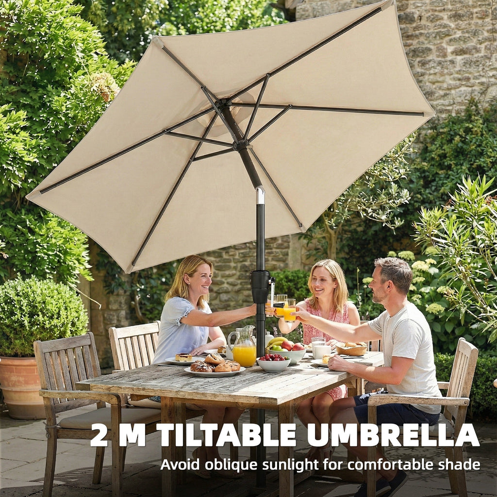 2 m Garden Parasol with Crank Handle, Tilt Function & UV30+, Light Grey