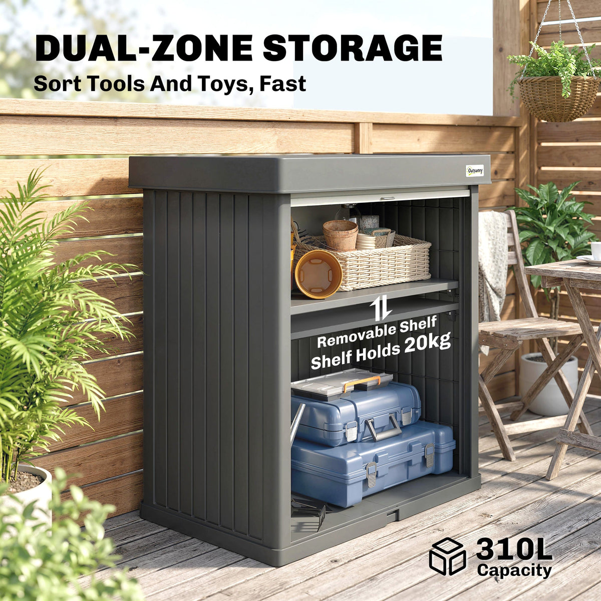 82 Gallon Outdoor Storage Box with Roll-Up Door and Removable Shelf, Grey