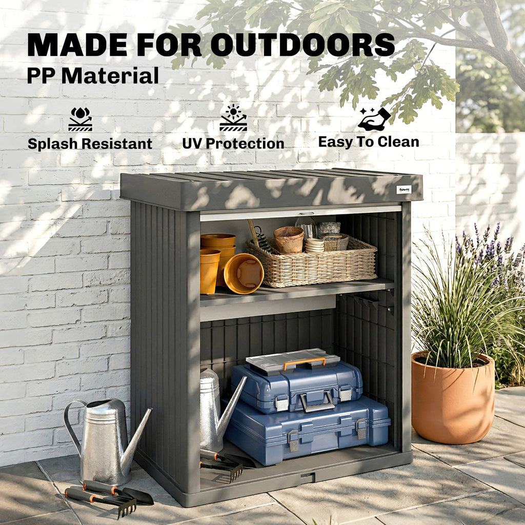82 Gallon Outdoor Storage Box with Roll-Up Door and Removable Shelf, Grey