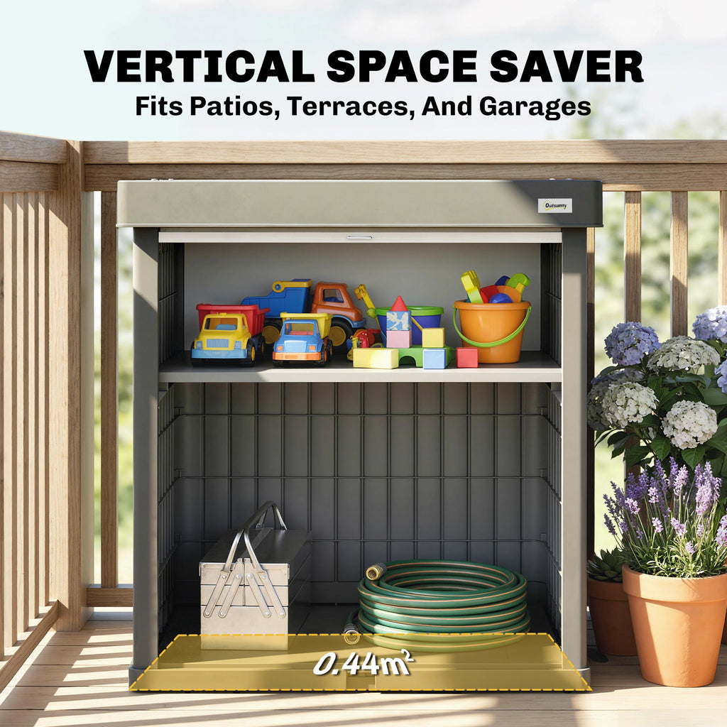 82 Gallon Outdoor Storage Box with Roll-Up Door and Removable Shelf, Grey