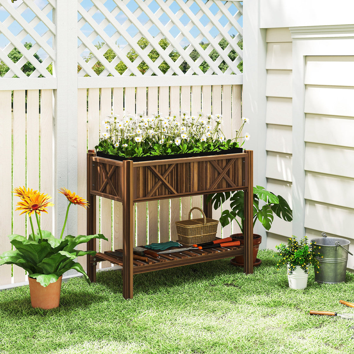 34" x 18" x 30" Wooden Raised Garden Bed with Shelf, Carbonized