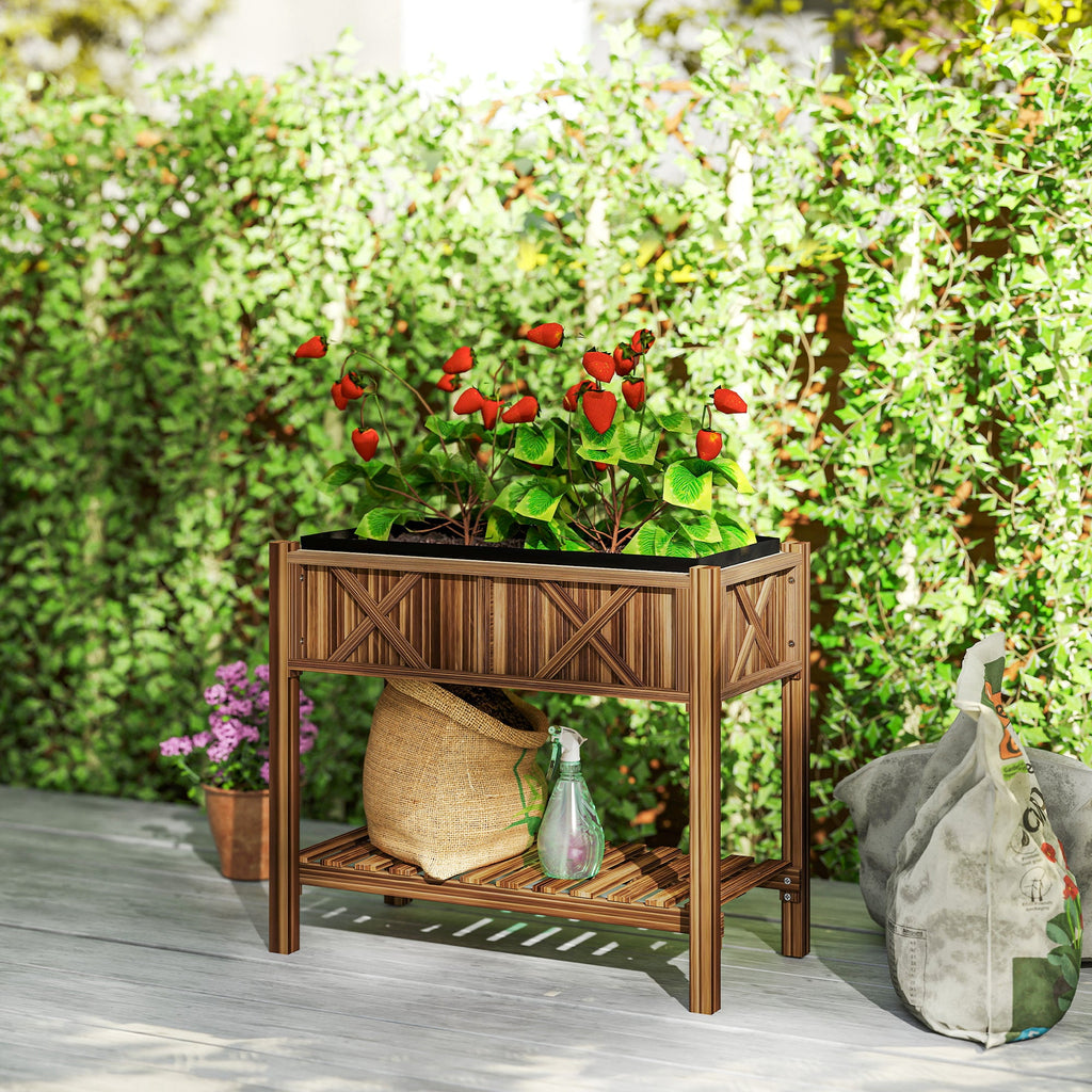 34" x 18" x 30" Wooden Raised Garden Bed with Shelf, Carbonized