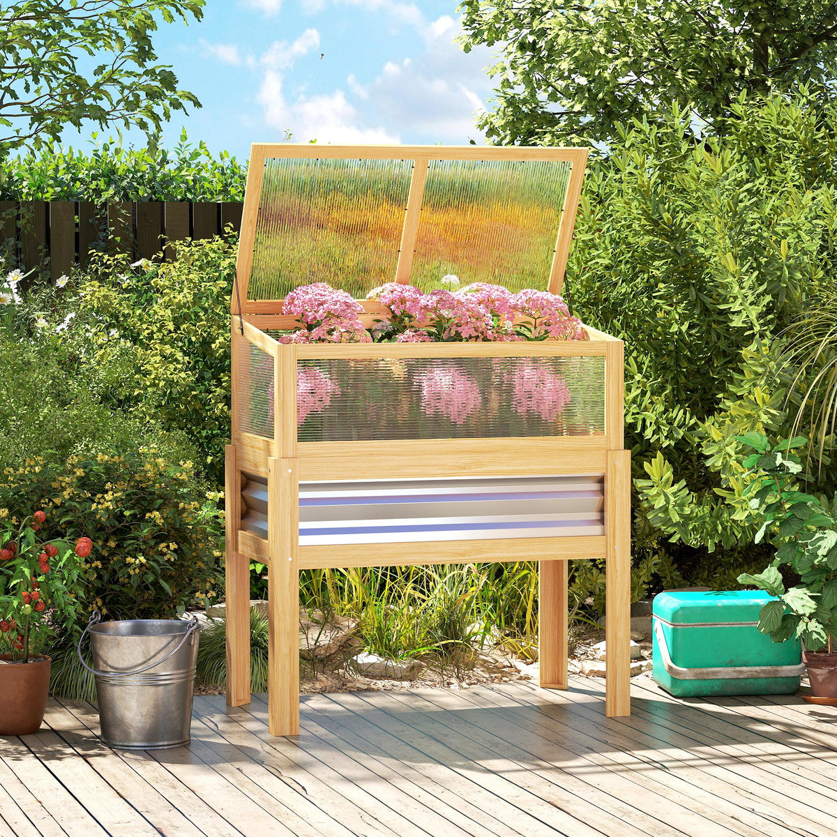 Raised Garden Bed with Detachable Greenhouse Top and Legs, Natural