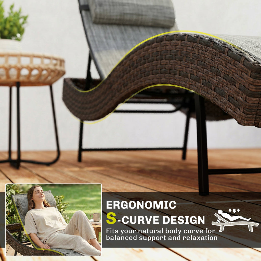 Rattan Sun Lounger with S-Shaped Seat and 5-Position Backrest, Brown