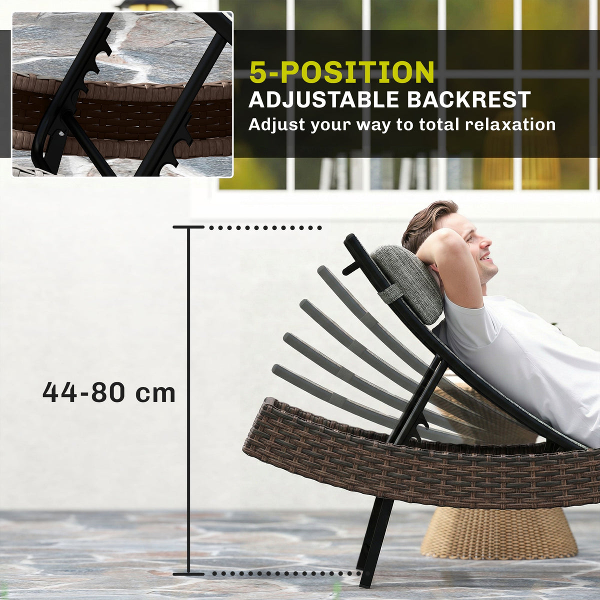 Rattan Sun Lounger with S-Shaped Seat and 5-Position Backrest, Brown
