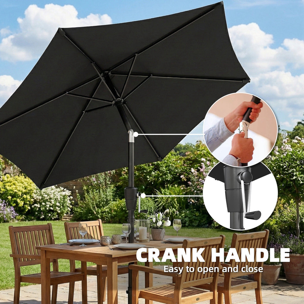 2 m Garden Parasol with Crank Handle, Tilt Function & UV30+, Black