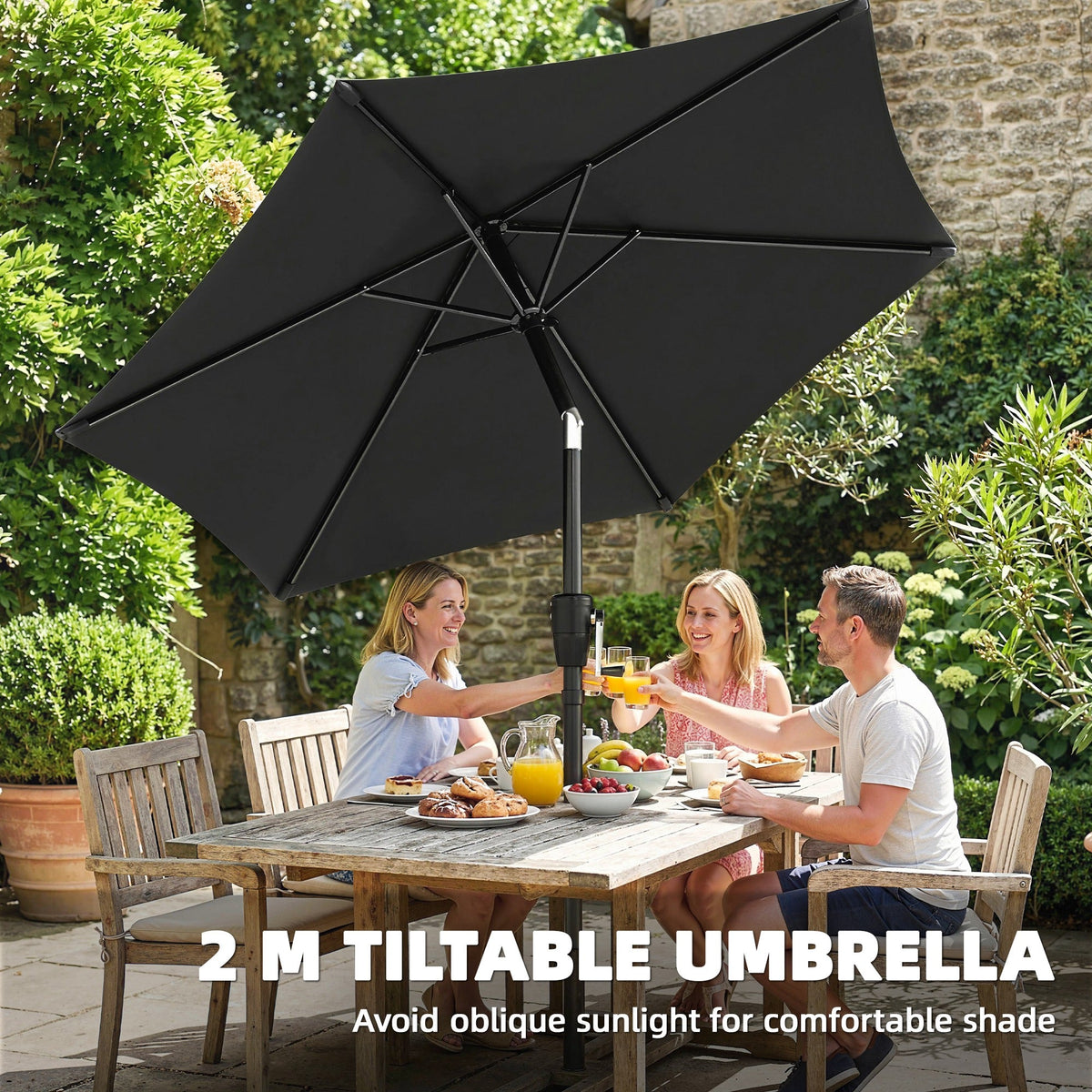 2 m Garden Parasol with Crank Handle, Tilt Function & UV30+, Black