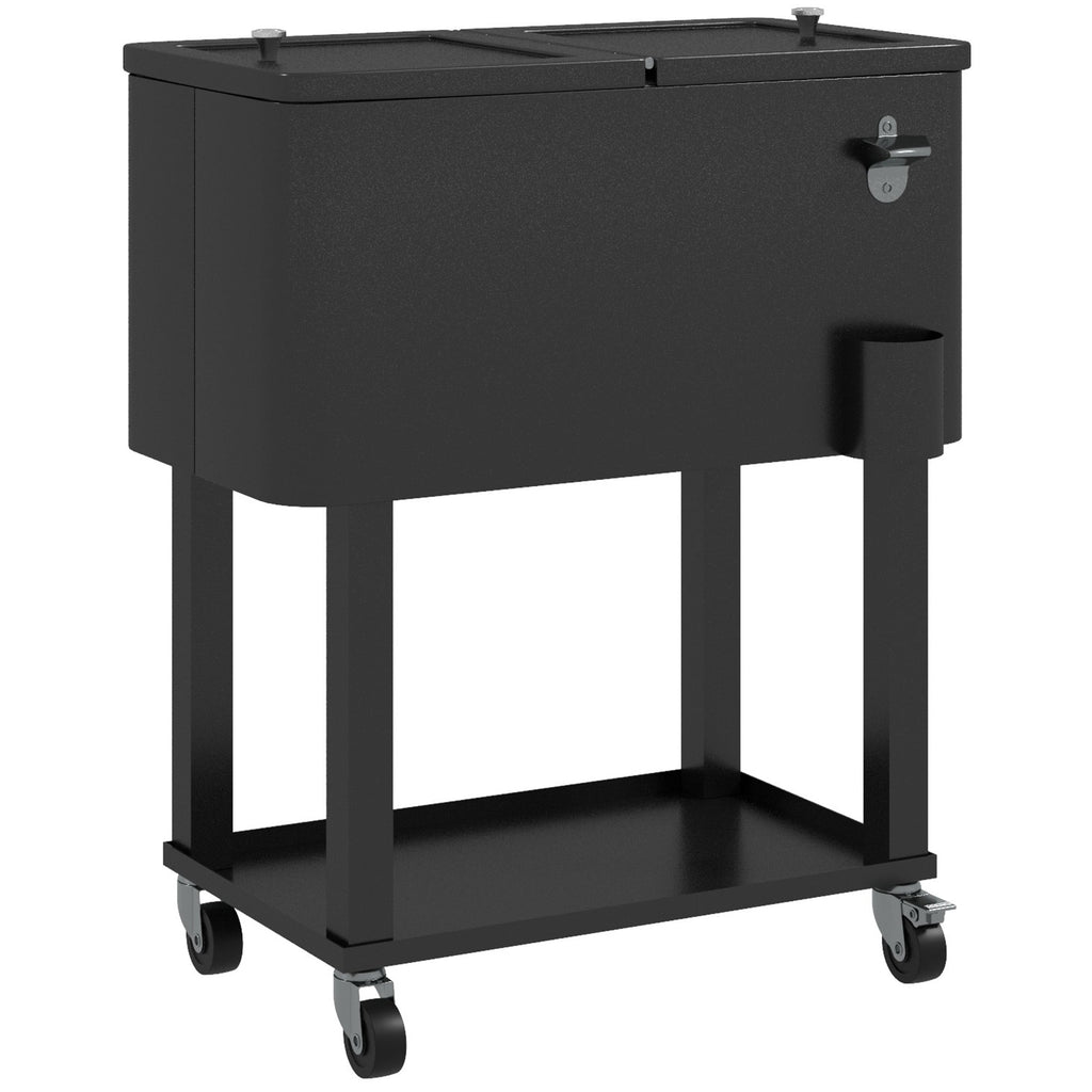 60 Quart Rolling Patio Cooler Cart with Shelf and Bottle Opener, Black