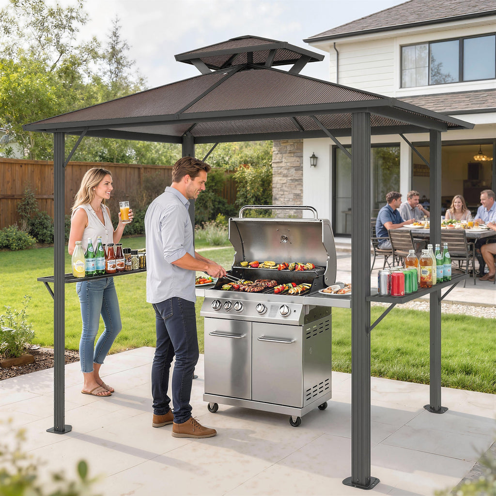 2.5 x 1.5 m Hardtop BBQ Grill Gazebo with 2 Shelves, Brown