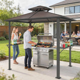 2.5 x 1.5 m Hardtop BBQ Grill Gazebo with 2 Shelves, Brown